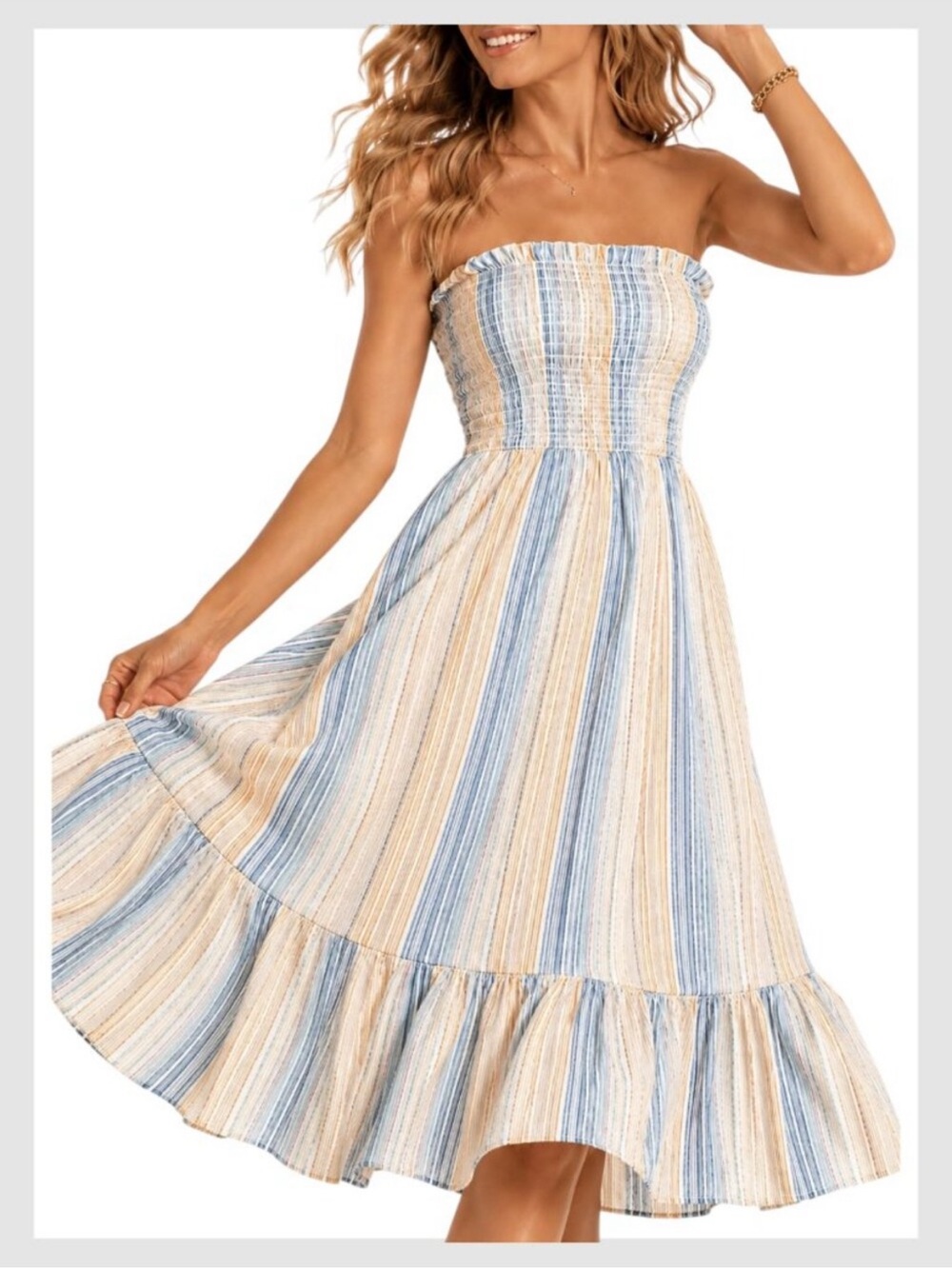 Reformation Bermuda Strapless Linen Midi Dress Marbella Striped Smocked Beachy